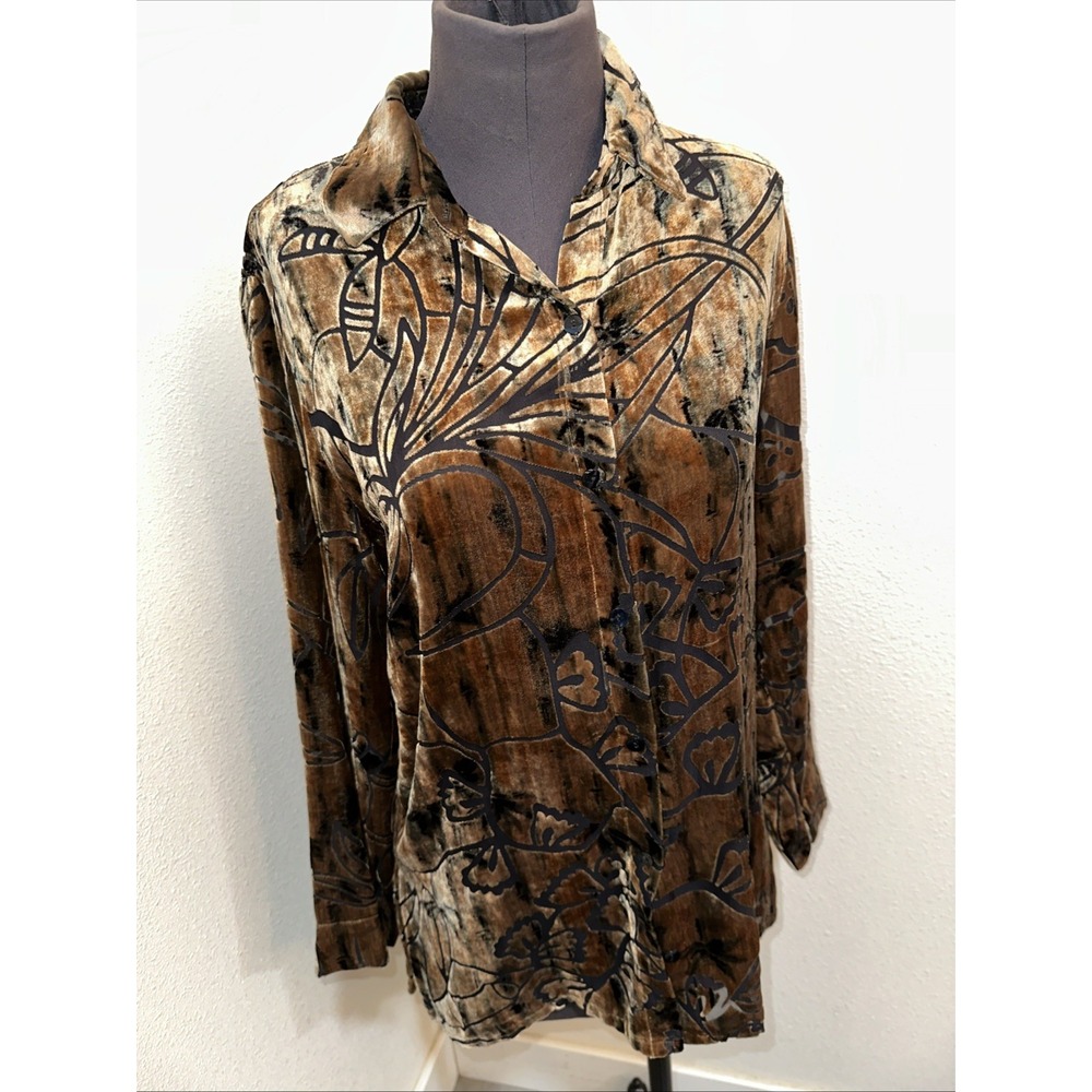 Chicos Vintage Velvet Silk Blend Button Up Shirt Long Sleeve Floral Brown Sz 0